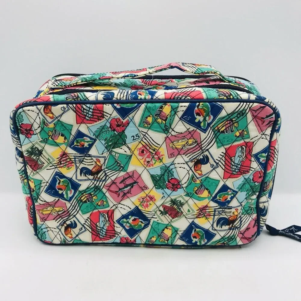 Vera Bradley Cuban Stamps Travel Case Cosmetic Makeup Bag Zip Close Lined 12x7x4